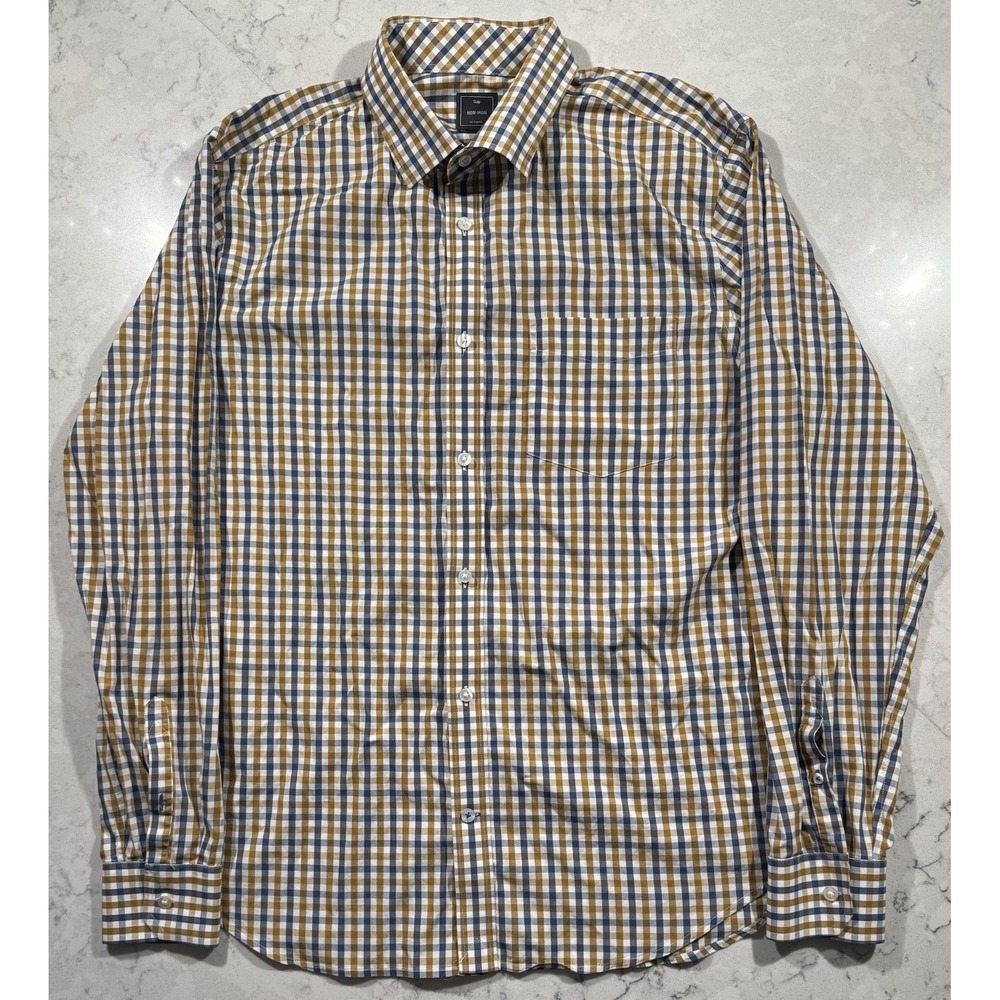 Gap Mens XL Plaid Shirt Blue Mustard White Non Iron Cotton Button Up 918051-00